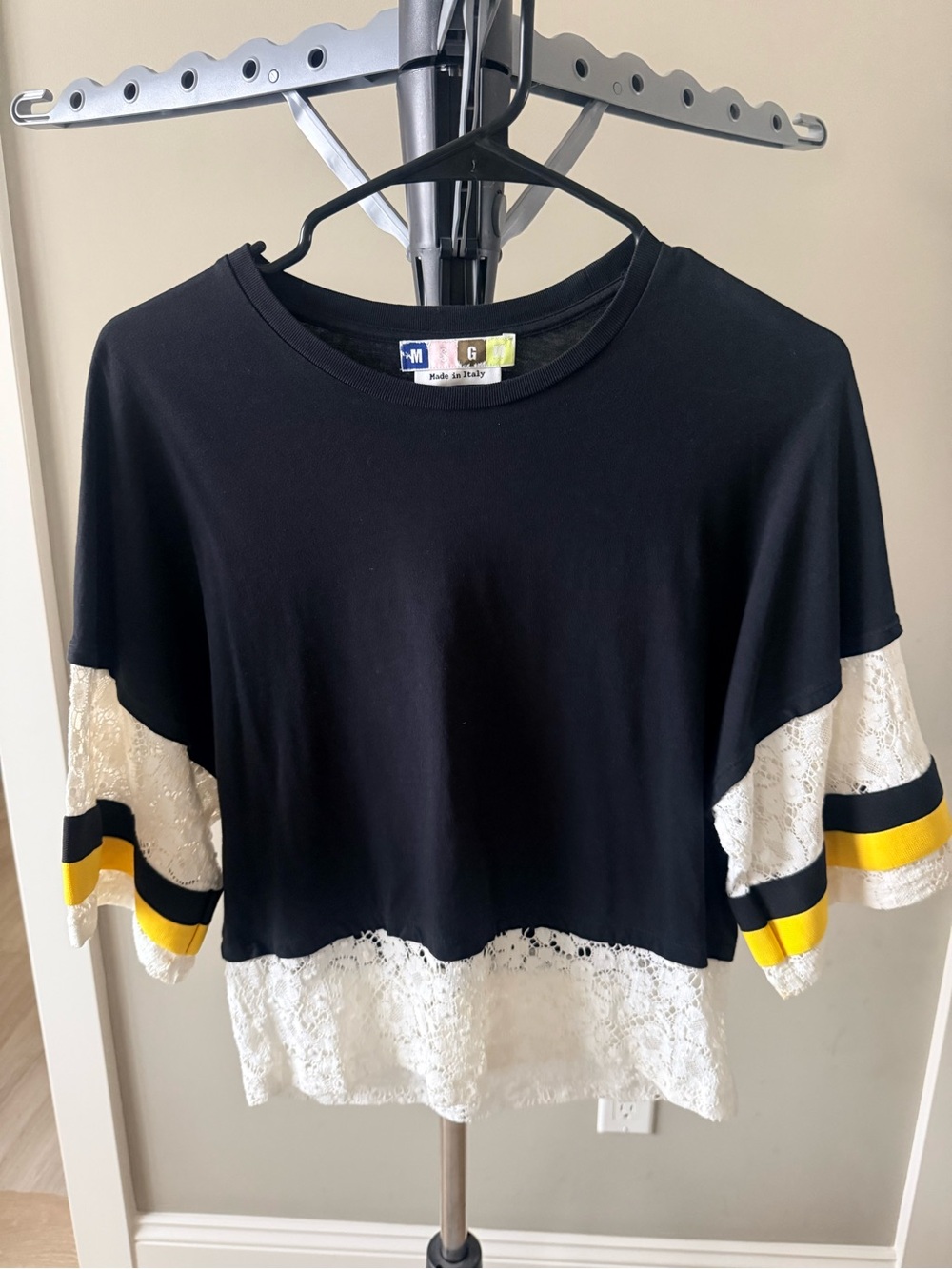 MSGM Black Crop Top with White Lace and Yellow Stripe Details